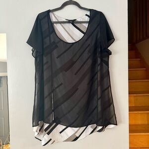 💥Mixed Media Plus Size Michel Studio Black Sheer Striped Blouse